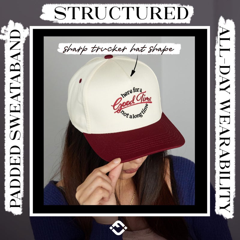 Funky Junque Two Tone Vintage Snapback Hat - Here for a Good Time Not a Long Time - Burgundy/Beige - Image 5