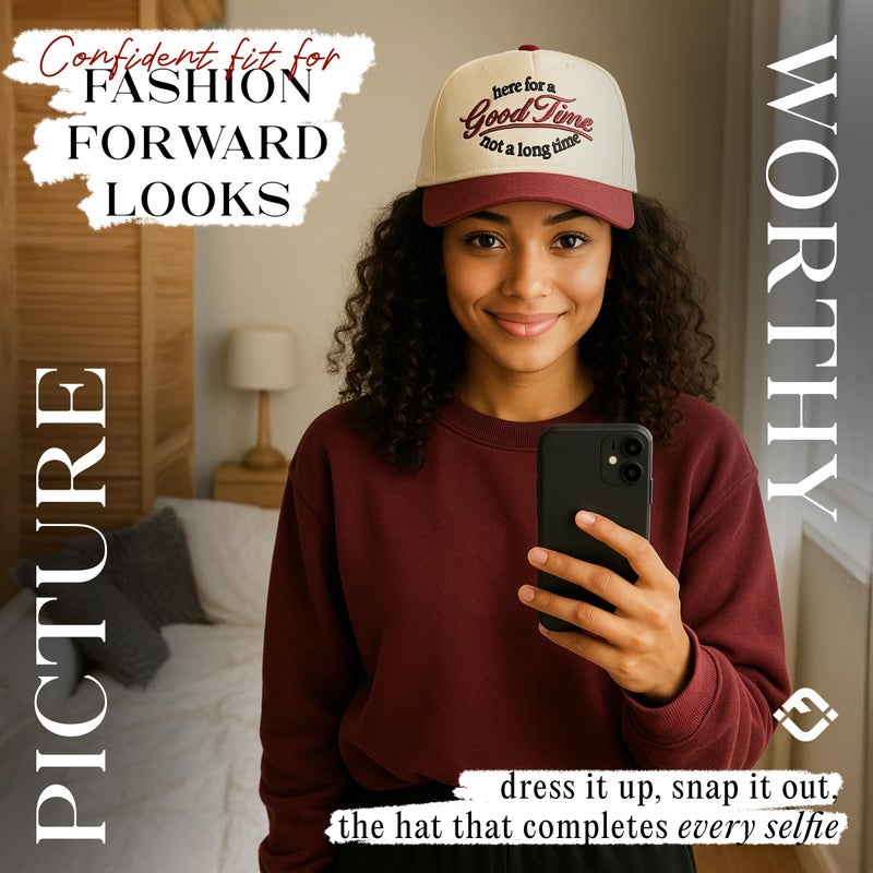 Funky Junque Two Tone Vintage Snapback Hat - Here for a Good Time Not a Long Time - Burgundy/Beige - Image 4