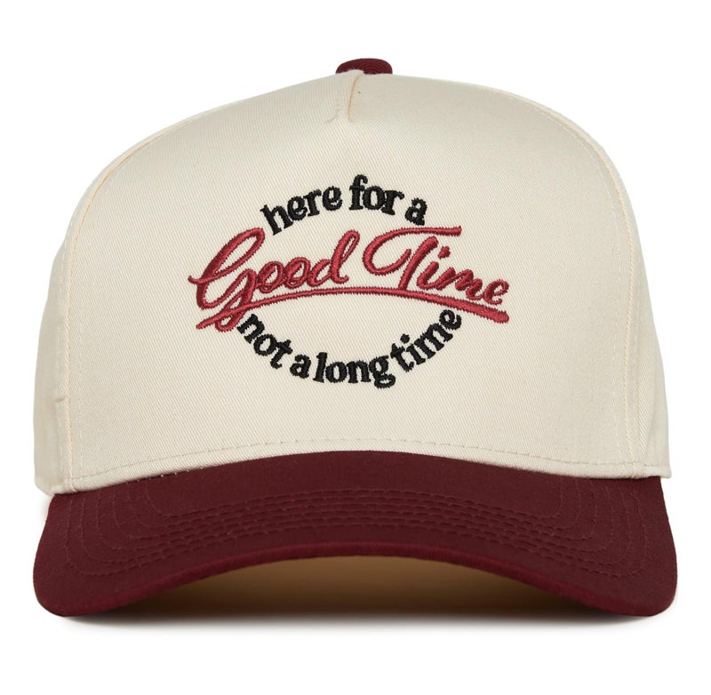 Funky Junque Two Tone Vintage Snapback Hat - Here for a Good Time Not a Long Time - Burgundy/Beige - Image 1