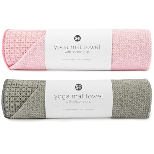 S&T INC. ST INC Yoga Mat Towel with NonSlip Grip Enhanced Silicone Grip Soft and Absorbent for Gym Pilates and Hot Yoga Mat 2 Pack 24 inches x 72 inches 340GSM Pink and Grey - Image 1