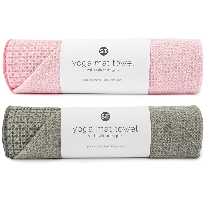 S&T INC. ST INC Yoga Mat Towel with NonSlip Grip Enhanced Silicone Grip Soft and Absorbent for Gym Pilates and Hot Yoga Mat 2 Pack 24 inches x 72 inches 340GSM Pink and Grey - Image 2