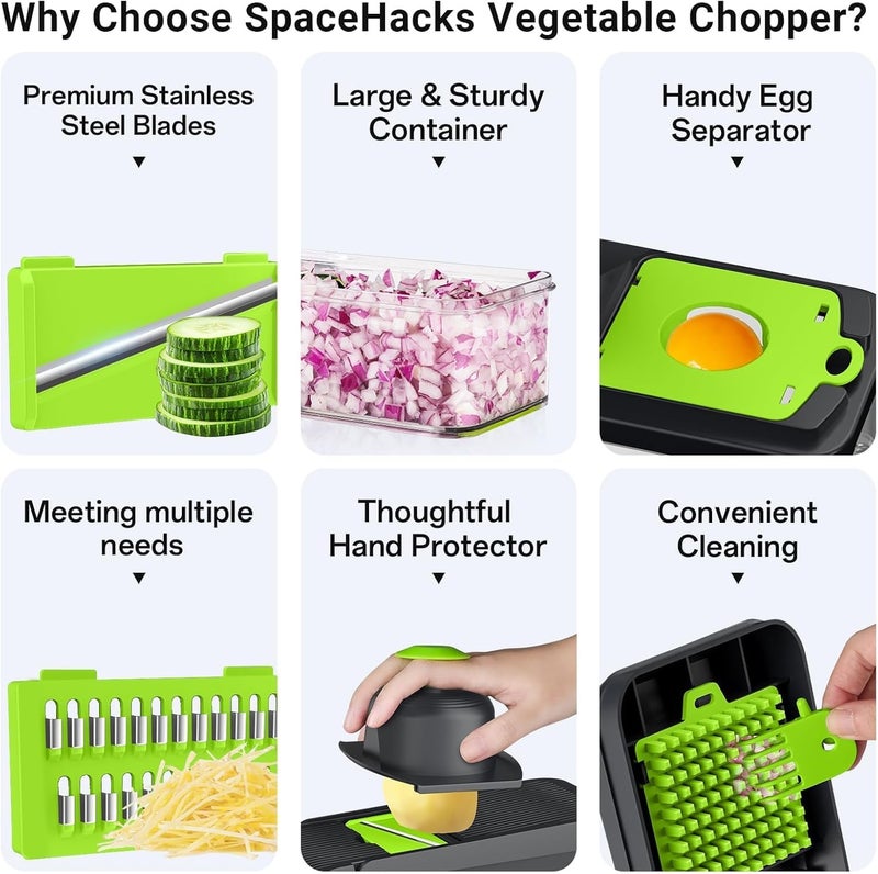 SpaceHacks 15-in-1 Vegetable Chopper, Kitchen Gadgets with 10 Blades, Veggie, Food, Onion Chopper, Cucumber Slicer, Versatile Mandoline, Includes Egg Separator & Finger Guard, Green - Image 3