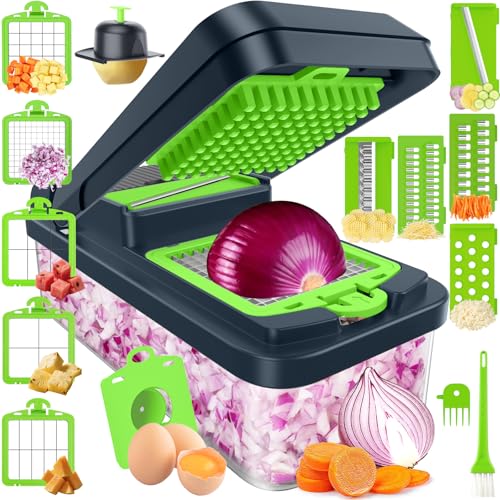 SpaceHacks 15-in-1 Vegetable Chopper, Kitchen Gadgets with 10 Blades, Veggie, Food, Onion Chopper, Cucumber Slicer, Versatile Mandoline, Includes Egg Separator & Finger Guard, Green - Image 1
