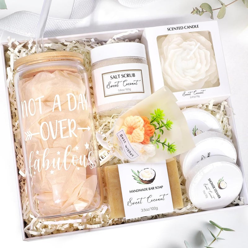Frerdui Spa Gift Baskets for Women, Sweet Coconut Birthday Gifts Baskets for Women, Spa Kit Gift Box, Bath and Body Relaxing Gifts Set for Mother Wife Sister Friends with Glass Cup Salt Scrub Shower Steamers - Image 1