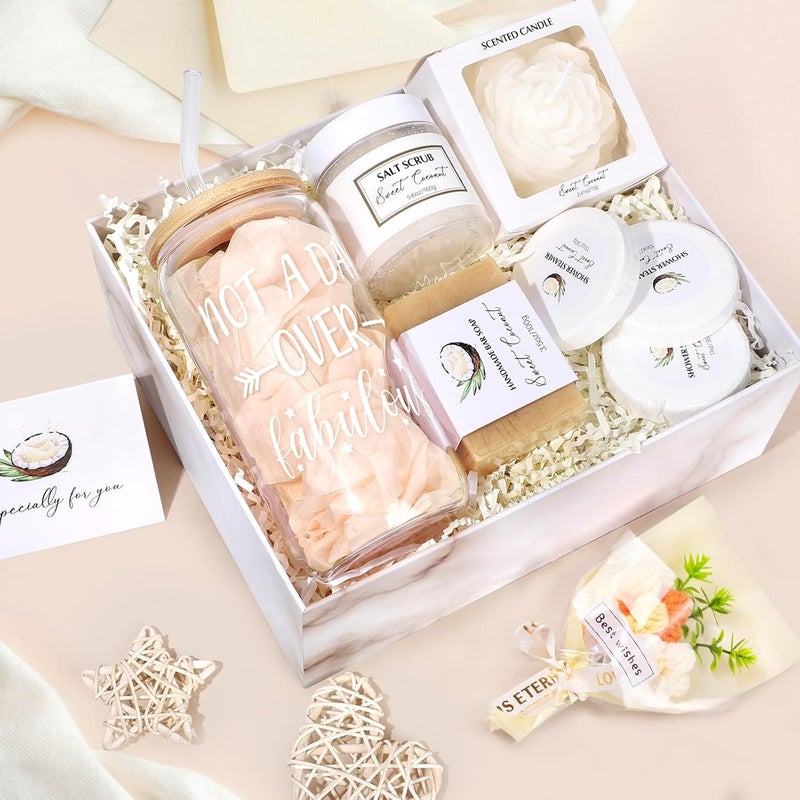 Frerdui Spa Gift Baskets for Women, Sweet Coconut Birthday Gifts Baskets for Women, Spa Kit Gift Box, Bath and Body Relaxing Gifts Set for Mother Wife Sister Friends with Glass Cup Salt Scrub Shower Steamers - Image 3