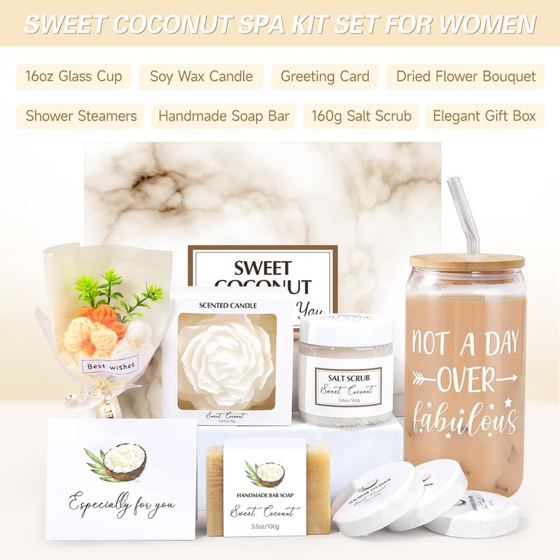 Frerdui Spa Gift Baskets for Women, Sweet Coconut Birthday Gifts Baskets for Women, Spa Kit Gift Box, Bath and Body Relaxing Gifts Set for Mother Wife Sister Friends with Glass Cup Salt Scrub Shower Steamers - Image 2