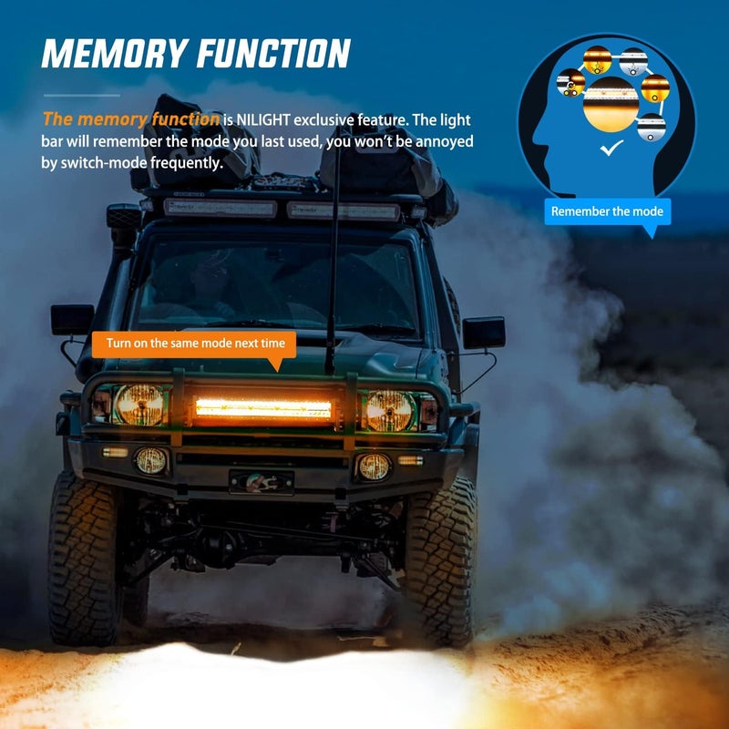 Nilight 22Inch 480W LED Light Bar Spot Flood Amber White Strobe 6 Modes Memory Function Reset Function Off-Road Truck Car ATV SUV Cabin Boat with 16AWG Wiring Harness Kit-1 Lead, 2 Years Warrant - Image 5