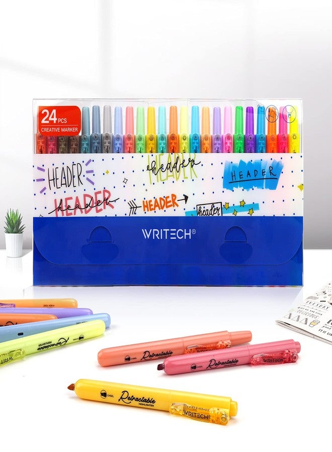 WRITECH أقلام تحديد قابلة للسحب من WRITECH بألوان متنوعة: أقلام تحديد ذات رأس مشطوف، حبر متعدد الألوان، لا يسيل ولا يلطخ، مثالية لتظليل وتدوين الملاحظات (24 لونًا: ألوان هادئة + ألوان عتيقة + ألوان نيون + ألوان باستيل). - Image 1