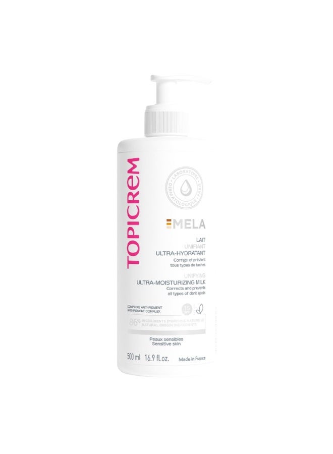 Topicrem Topicrem - Mela, Lait Unifiant Ultra Hydratant Corps - Hydrate 24h, Unifie le Teint, Corrige et Prévient l’Apparition des Taches Texture Onctueuse Peaux Sensibles Nouvelle Formule 500ml