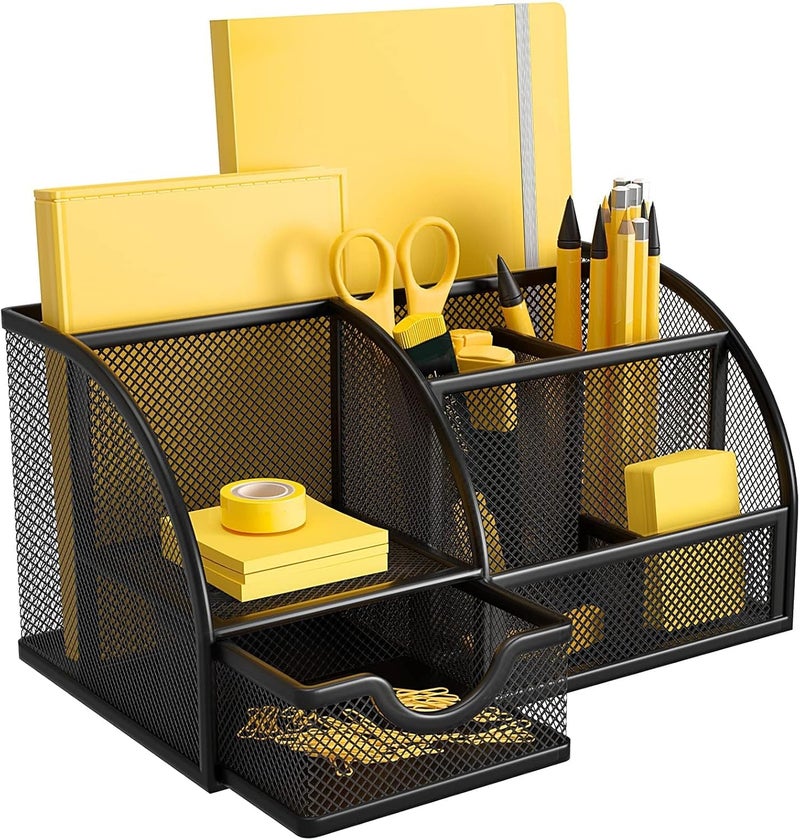 Mesh Desk Organizer with 6 Compartments and 1 Drawer - Black - Image 1