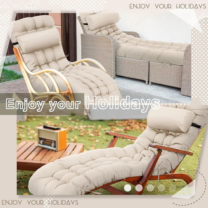 Tudomro 2 Pcs Light Beige 66'' Outdoor Chaise Lounge Cushion Waterproof Patio Lawn Pool Chaise Lounge Cushion with Headrest Pillow & Ties Weather Fade Resistant Replacement Longue Chair Pad - Image 5