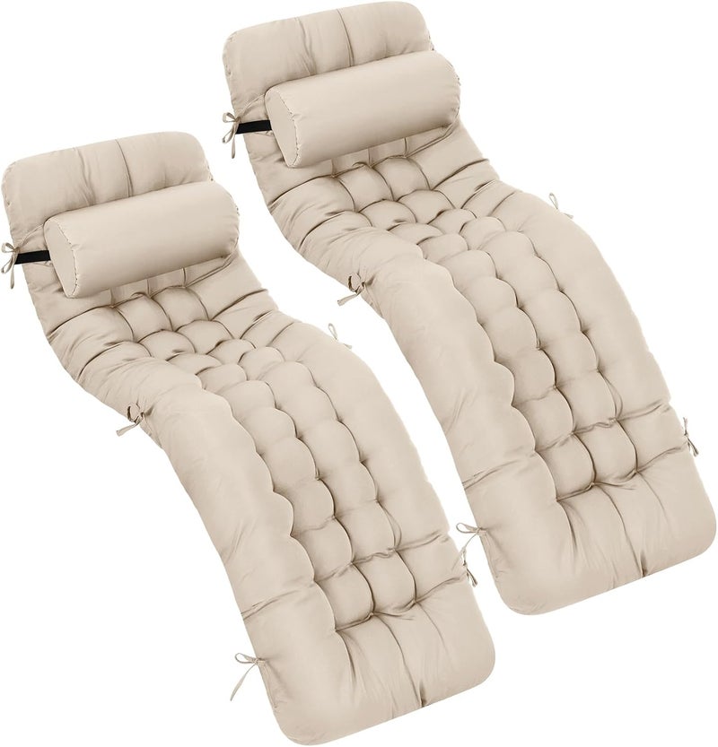 Tudomro 2 Pcs Light Beige 66'' Outdoor Chaise Lounge Cushion Waterproof Patio Lawn Pool Chaise Lounge Cushion with Headrest Pillow & Ties Weather Fade Resistant Replacement Longue Chair Pad - Image 1