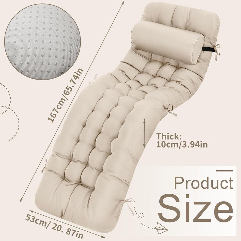 Tudomro 2 Pcs Light Beige 66'' Outdoor Chaise Lounge Cushion Waterproof Patio Lawn Pool Chaise Lounge Cushion with Headrest Pillow & Ties Weather Fade Resistant Replacement Longue Chair Pad - Image 2