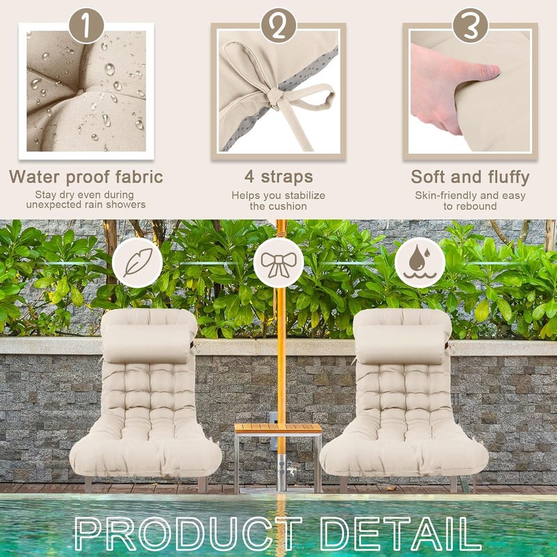 Tudomro 2 Pcs Light Beige 66'' Outdoor Chaise Lounge Cushion Waterproof Patio Lawn Pool Chaise Lounge Cushion with Headrest Pillow & Ties Weather Fade Resistant Replacement Longue Chair Pad - Image 3