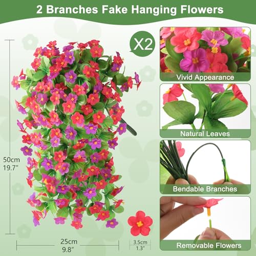 ZFProcess Artificial Fake Hanging Flowers for Outdoors, 2 Pcs Artificial Hanging Plants Outdoors Spring Summer Decor, UV Resistant Faux Violet Silk Flowers for Planters Front Door Yard Garden(Pink Rose Red) - Image 4