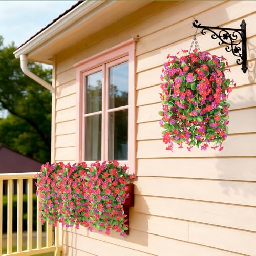ZFProcess Artificial Fake Hanging Flowers for Outdoors, 2 Pcs Artificial Hanging Plants Outdoors Spring Summer Decor, UV Resistant Faux Violet Silk Flowers for Planters Front Door Yard Garden(Pink Rose Red) - Image 2