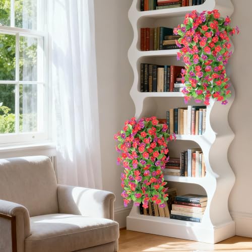 ZFProcess Artificial Fake Hanging Flowers for Outdoors, 2 Pcs Artificial Hanging Plants Outdoors Spring Summer Decor, UV Resistant Faux Violet Silk Flowers for Planters Front Door Yard Garden(Pink Rose Red) - Image 5