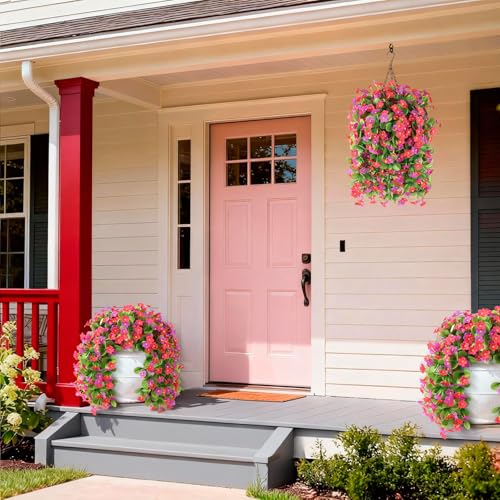 ZFProcess Artificial Fake Hanging Flowers for Outdoors, 2 Pcs Artificial Hanging Plants Outdoors Spring Summer Decor, UV Resistant Faux Violet Silk Flowers for Planters Front Door Yard Garden(Pink Rose Red) - Image 3