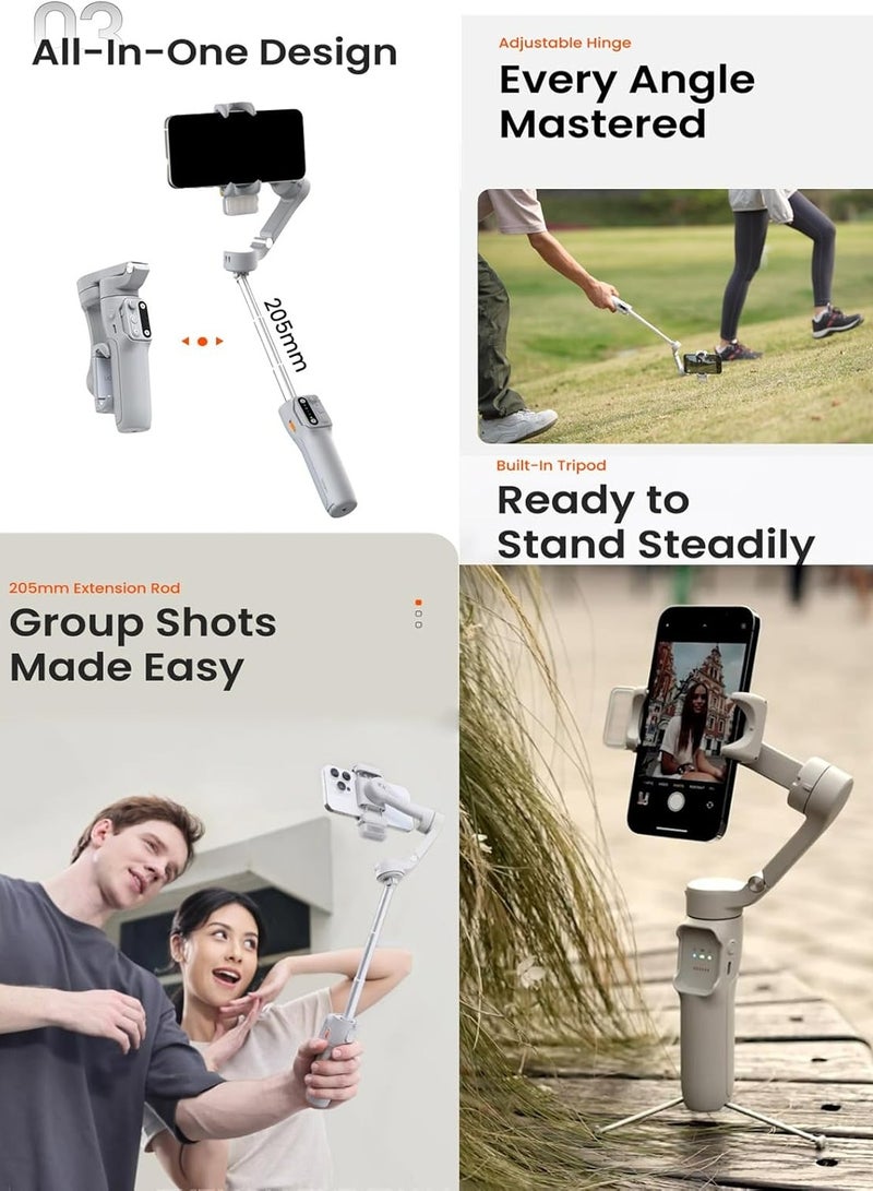 هوهم iSteady X3 جيمبال هاتف ذكي قابل للطي بثلاثة محاور مع قضيب سيلفي قابل للتمديد، جهاز تحكم عن بعد قابل للفصل وتتبع بالذكاء الاصطناعي (رمادي) - Image 5