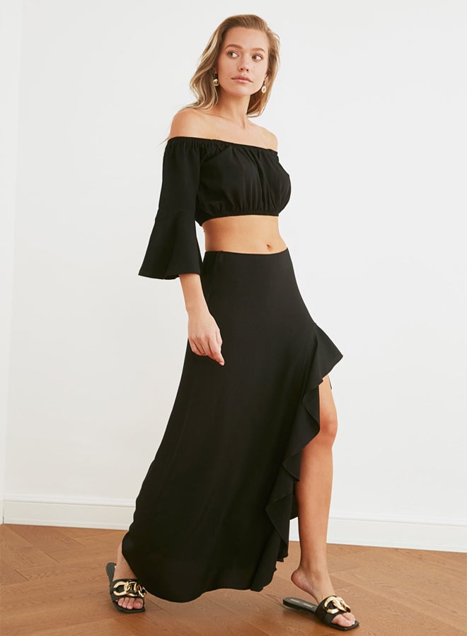 Black Woven Flounce Maxi Beach Skirt