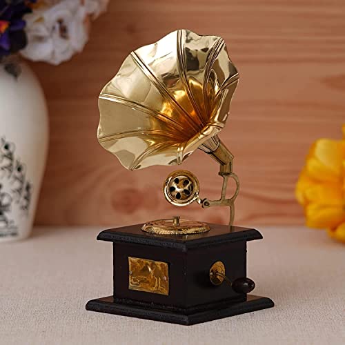 Webelkart Brass Vintage Gramophone Showpiece for Home and Living Room Home Decor, 17 cm, Gold, 1 Piece - Image 1