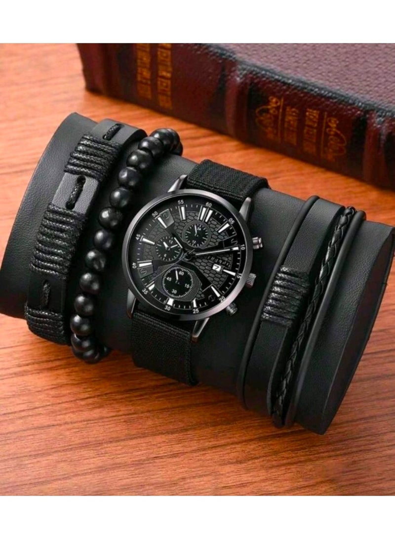 Shein Set Men's Watch Calendar Casual Sports Fashion Industrial Style Round Dial Quartz Watch And Leather Bracelet For Men - Image 1