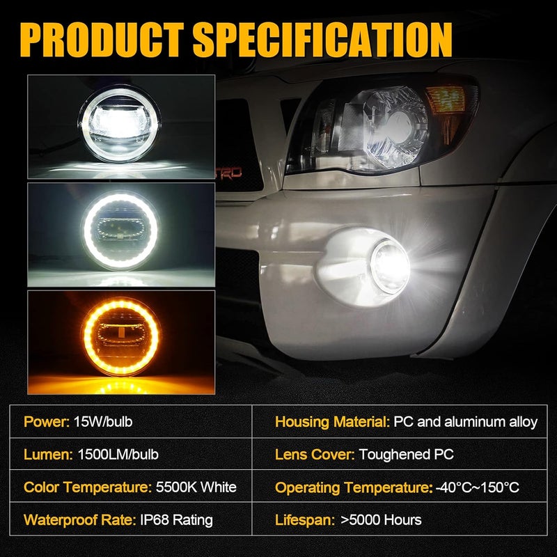 SUPAREE LED Fog Lights with Halo Ring White DRL/Yellow Turn Signal Fit for Tacoma 2005-2011/Tundra 2007-2013/Solara 2004-2006/Sequoia 2008-2015 Ideal for All-Weather Conditions,2 Pack - Image 4