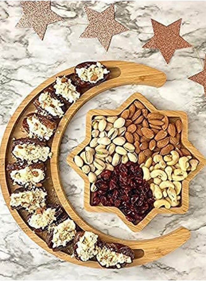 INSENSE Creative Star and Crescent Serving Plate Set, Bamboo Wood Snack Tray, Unique Crescent-Shaped Platter for Home & Restaurant - Image 2