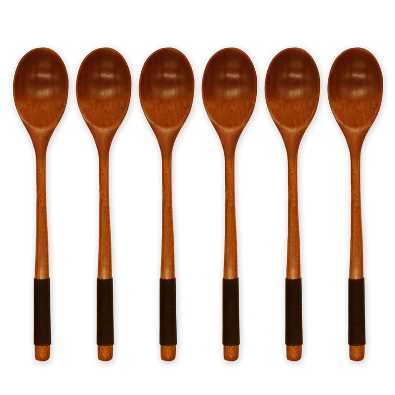 6 Pieces Wooden Spoons for Eating Muulaii Wood Soup Spoons Long Handle Spoon with Japanese Style Kitchen Utensil for Korean Food Cooking Mixing Stirring Honey Tea Soda Dessert Coconut Bowl 9 Inch