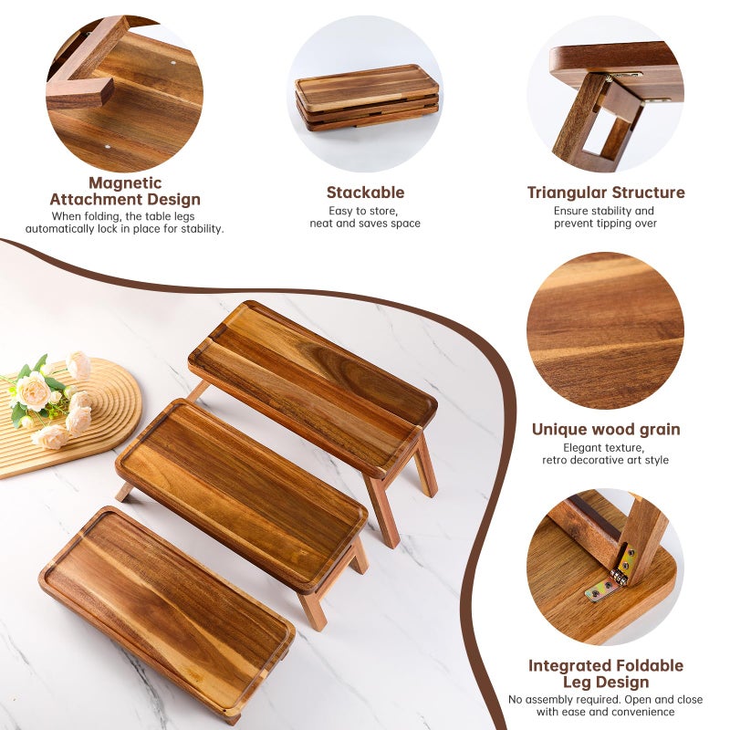 ECWAY 3 Tier Serving Tray 17 Inch Wooden Tiered Tray Stand Foldable Dessert Table Display Set Decor Charcuterie Boards Rustic Wood Platters Trays for Party Food Display - Image 2