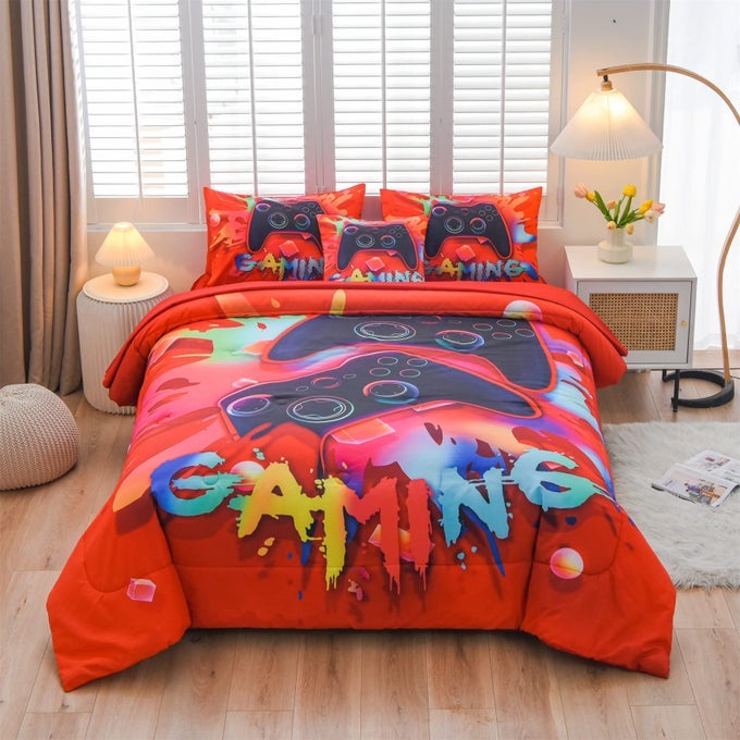 GAMING COMFORTER SETS FOR BOYS KIDS BEDDING SETS VIDEO GAMES CONSOLE ACTION BUTTONS NOVELTY COLORFUL GAME GAMEPAD CONTROLLER MODERN GAMER ROOM DECOR HOME QUILT SET TWIN 6 PCS RED