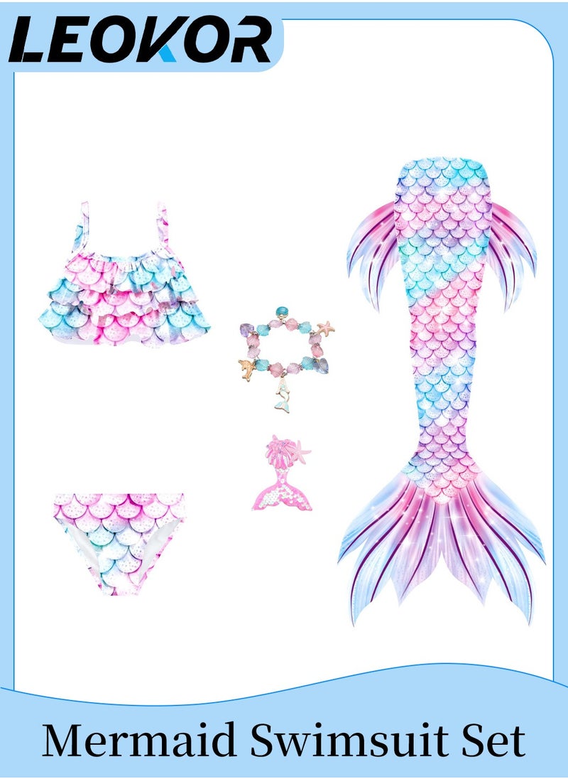 LEOKOR - 5 PCS Swimwear set,Mermaid Tails for Swimming Bathing Suits Swimsuit,Bikini Suit,for 4-13 Years Old,for Kids Girls - Image 1