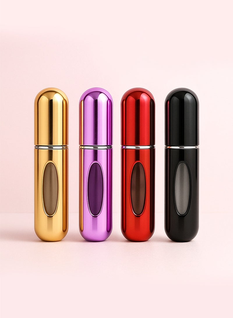 Perfume Atomizer Gift Set – 4pcs Refillable 5ml Spray Bottles | Gold, Red, Purple, Black | Travel & TSA Approved - Image 1
