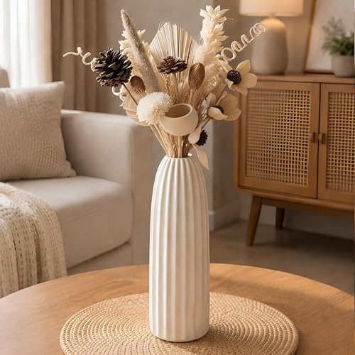 PulGos Off-White Ceramic Flower Vase | Decorative Accent Piece for Dried & Artificial Flowers |Centerpiece Pot for Living Room, Bedroom, Dining Table, Shelf, Office & Home Décor Vessel for Gift - Image 1