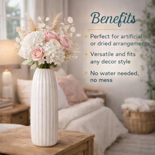 PulGos Off-White Ceramic Flower Vase | Decorative Accent Piece for Dried & Artificial Flowers |Centerpiece Pot for Living Room, Bedroom, Dining Table, Shelf, Office & Home Décor Vessel for Gift - Image 2