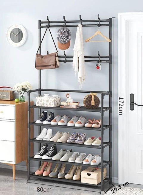 Shoe Racks Storage , Coat and Shoe Rack , Coat Rack with Shoe Storage , Upgrade 5 Tier Shoe Rack , Black Shoe Rack , Shoe Storage Organizer , Shoe Shelf with 8 Hooks for Bedroom , Hallway , Office 80 X 29.5 X 172 CM