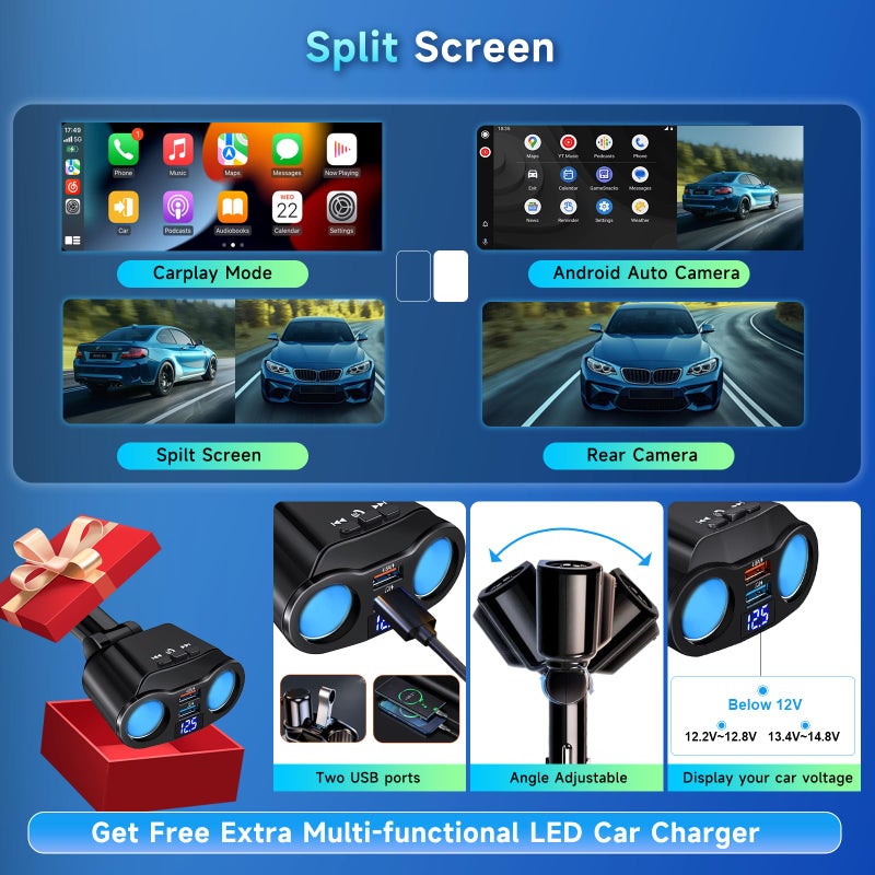 Podofo Portable Car Stereo Wireless Carplay/Android Auto with 2.5K Dash Cam, 1080P Backup Camera, 9.3 Inch HD Touch Screen Car Play Screen, GPS Navigation, Dual Bluetooth, FM/AUX, 64G TF Card - Image 5