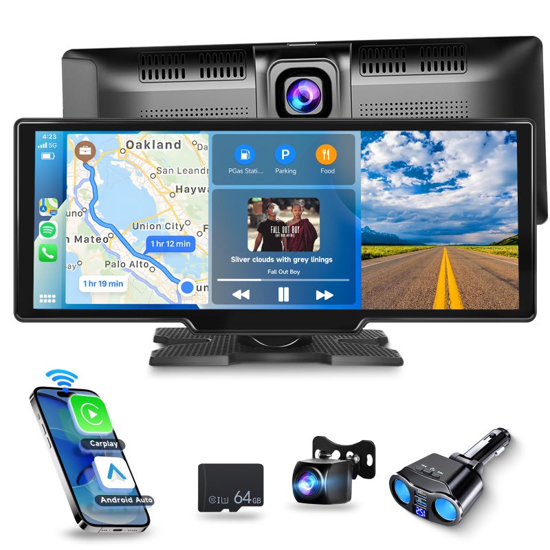 Podofo Portable Car Stereo Wireless Carplay/Android Auto with 2.5K Dash Cam, 1080P Backup Camera, 9.3 Inch HD Touch Screen Car Play Screen, GPS Navigation, Dual Bluetooth, FM/AUX, 64G TF Card - Image 1