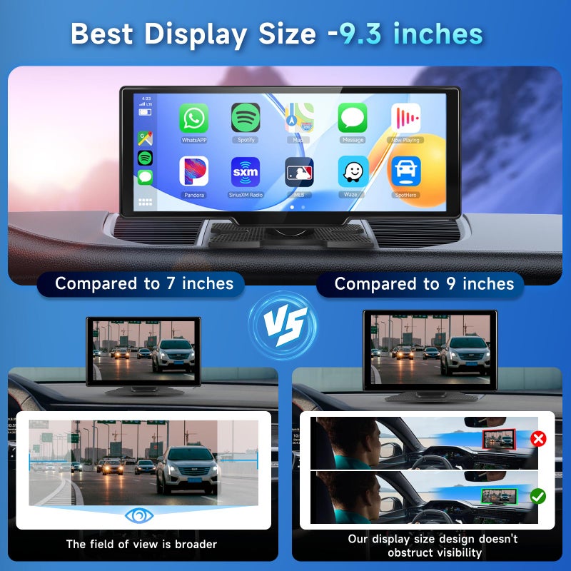 Podofo Portable Car Stereo Wireless Carplay/Android Auto with 2.5K Dash Cam, 1080P Backup Camera, 9.3 Inch HD Touch Screen Car Play Screen, GPS Navigation, Dual Bluetooth, FM/AUX, 64G TF Card - Image 2