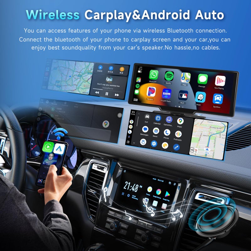 Podofo Portable Car Stereo Wireless Carplay/Android Auto with 2.5K Dash Cam, 1080P Backup Camera, 9.3 Inch HD Touch Screen Car Play Screen, GPS Navigation, Dual Bluetooth, FM/AUX, 64G TF Card - Image 3