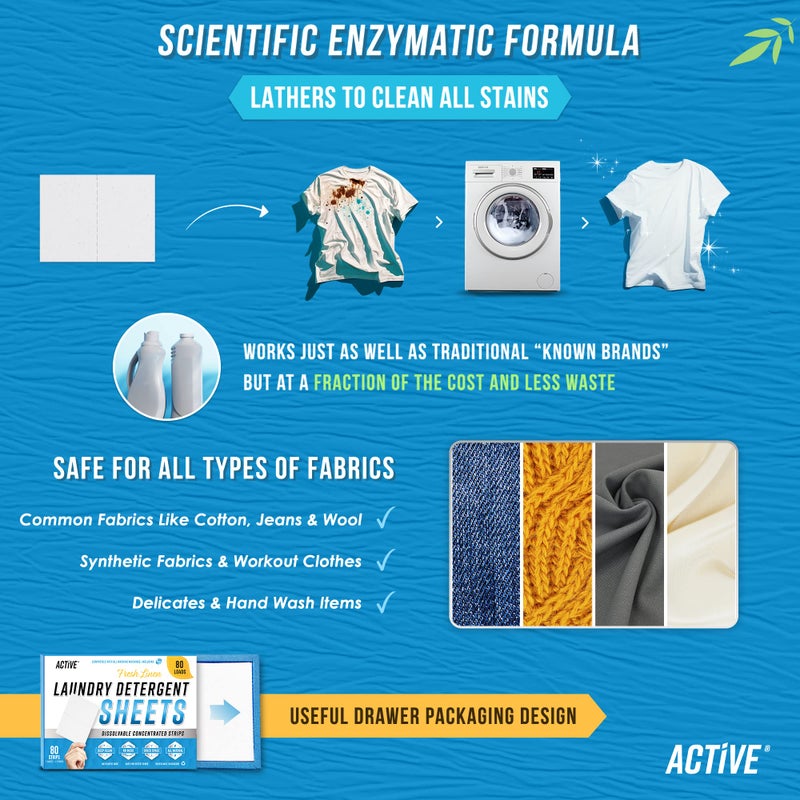 Active Laundry Detergent Sheets Eco Washing Strips - 80 Loads, Liquidless Fresh Scented Clothes Washer Sheet, Zero Waste Travel Laundry Strip, Dissolvable Space Saving Sheets for HE - Linen Scent - Image 4