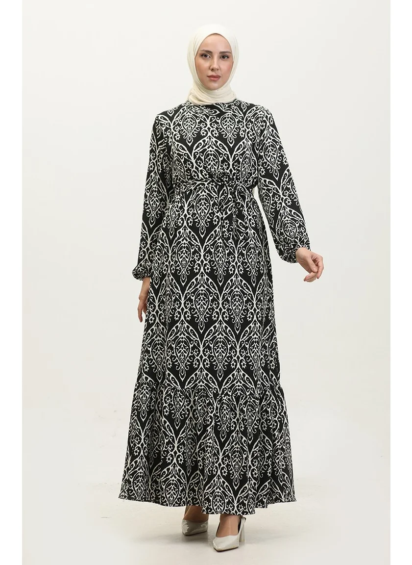 Sefa Merve Melike Patterned Viscose Dress 0348-01 Black Ecru