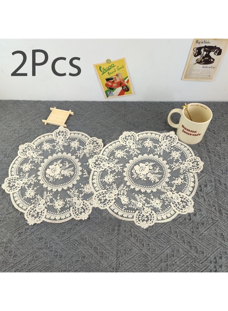 Winner 2Pcs Retro Lace Placemats, 13x13inch Round French Crochet Doilies Delicate Embroidered Vase Mat Coaster for Dining Table Home Decoration - Image 1