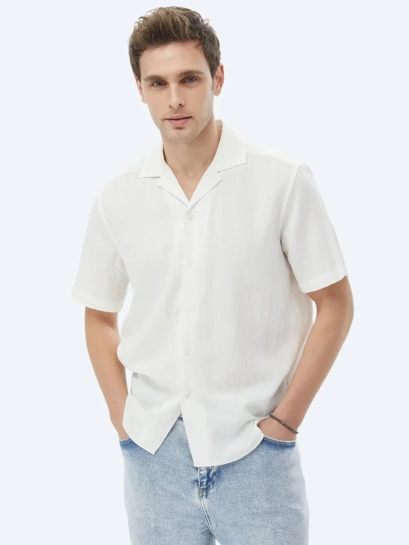 Kip Ecru Regular Fit Weaving Classical Linen Blended Shirt