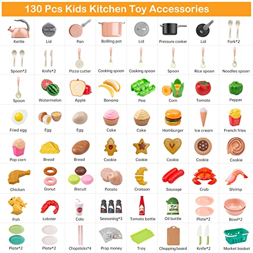 Funpynani 130Pcs Kitchen Playset Toddler Pretend Cooking Play Pots Pans Utensils Cookware Daily Food Fruit Veges Shopping Storage Basket Dessert Prop Money Learning Gift for Child Pink - Image 5