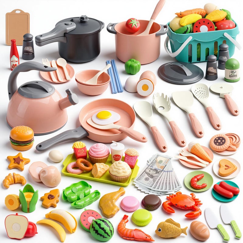 Funpynani 130Pcs Kitchen Playset Toddler Pretend Cooking Play Pots Pans Utensils Cookware Daily Food Fruit Veges Shopping Storage Basket Dessert Prop Money Learning Gift for Child Pink - Image 3