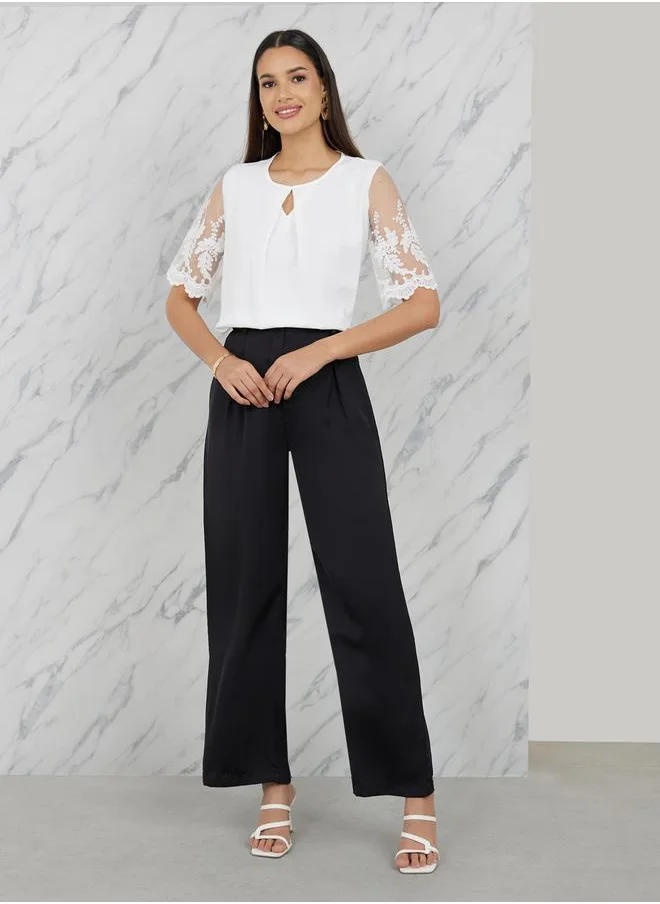 ستايلي Embroidered Mesh Sleeves Round Neck Blouse