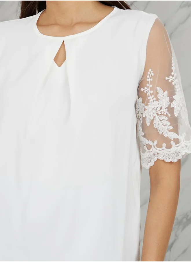 ستايلي Embroidered Mesh Sleeves Round Neck Blouse