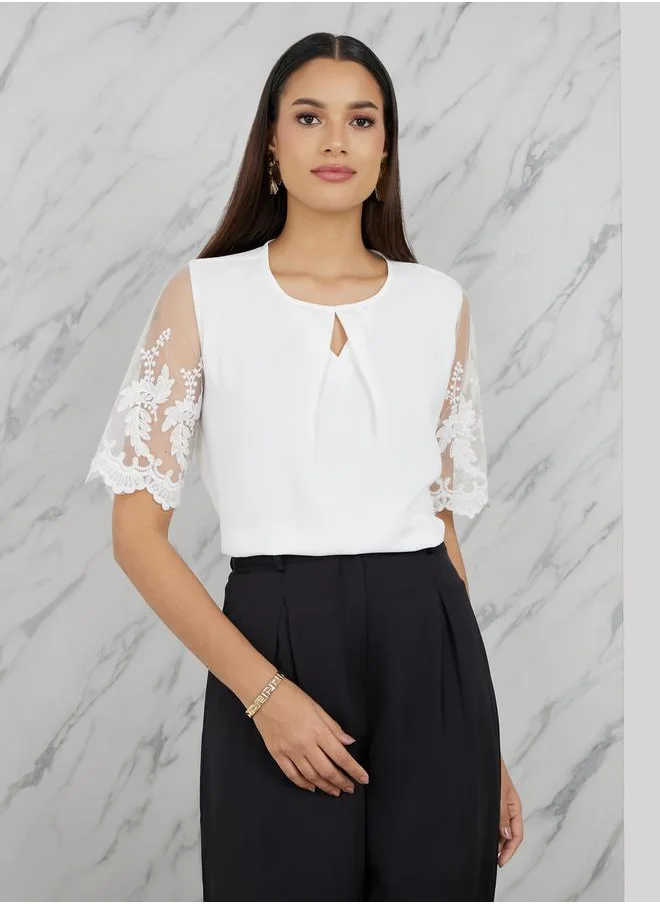 ستايلي Embroidered Mesh Sleeves Round Neck Blouse