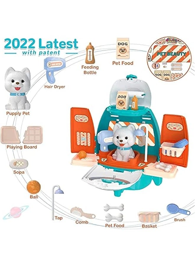 DURKU 18Pcs Pet Care Playset: Kids Doctor Kit, Dog & Backpack for Grooming & Feeding - Pretend Play Toys for Girls Boys Ages 3-8 - Image 3
